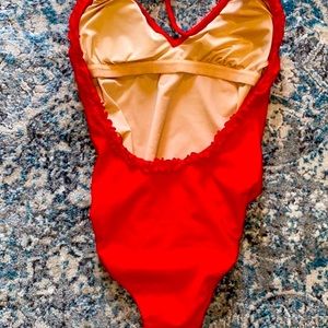 J. crew red scoop back one piece with tiny ruffle